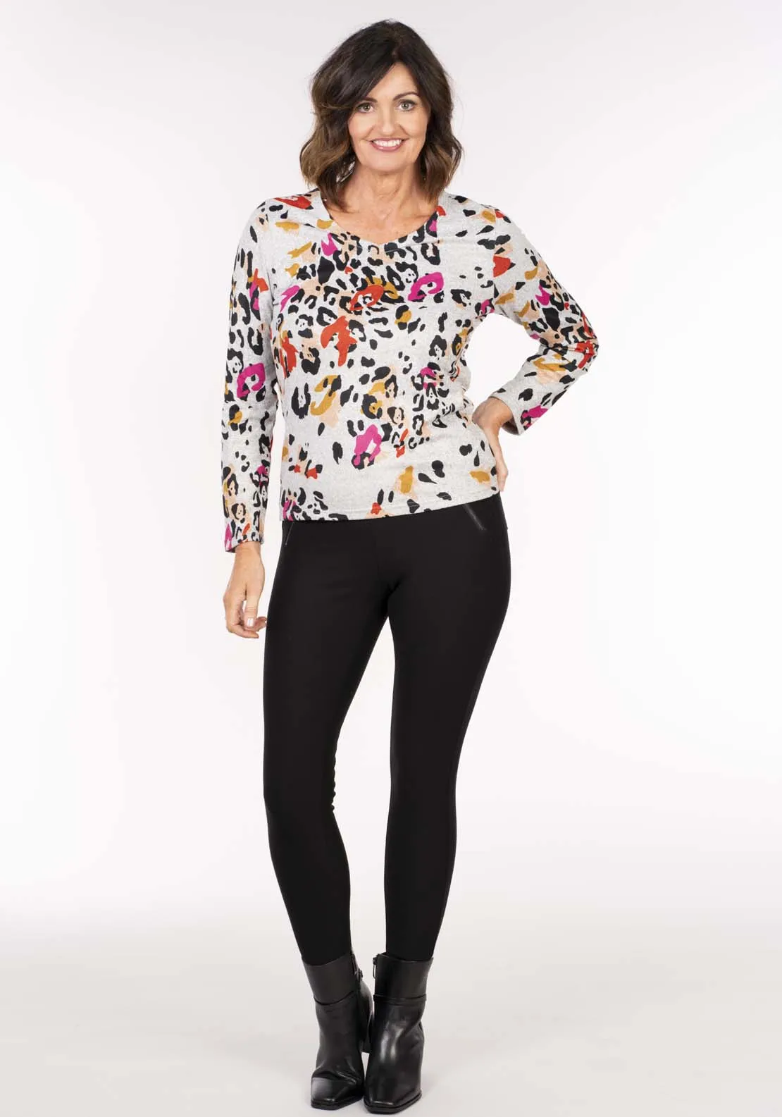 Animal Print Wool Touch  Top - Grey