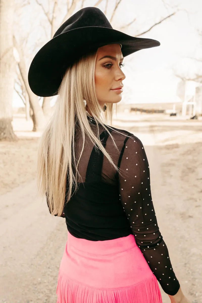 Black Mesh Long Sleeve Top w/ Rhinestone Details