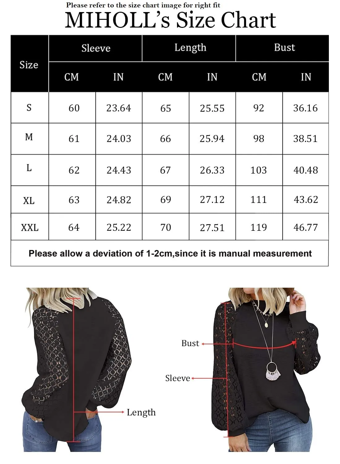 Blue Women’s Long Sleeve Tops Lace Casual Loose Blouses T Shirts - MIHOLL