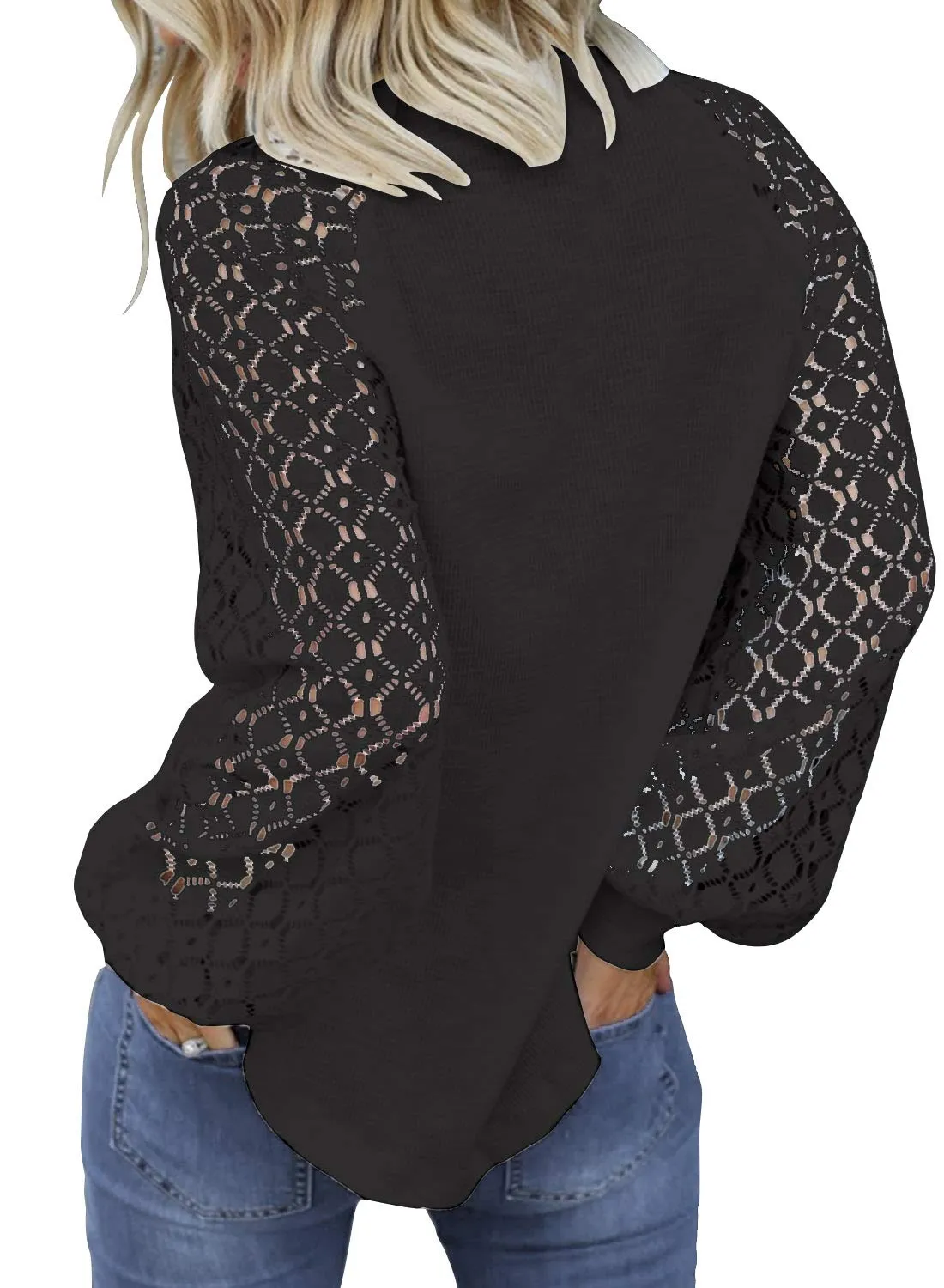 Blue Women’s Long Sleeve Tops Lace Casual Loose Blouses T Shirts - MIHOLL