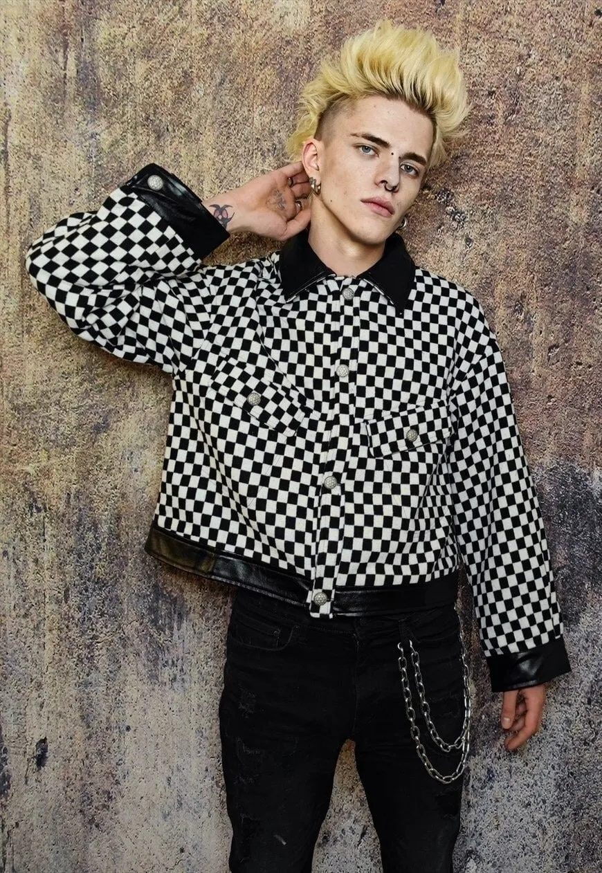 Check bomber faux leather collar flight jacket retro varsity