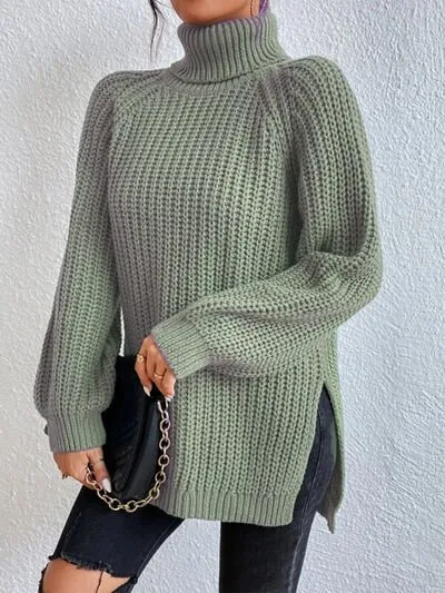 Chic Turtleneck Ribbed Sweater with Trendy Side Slits