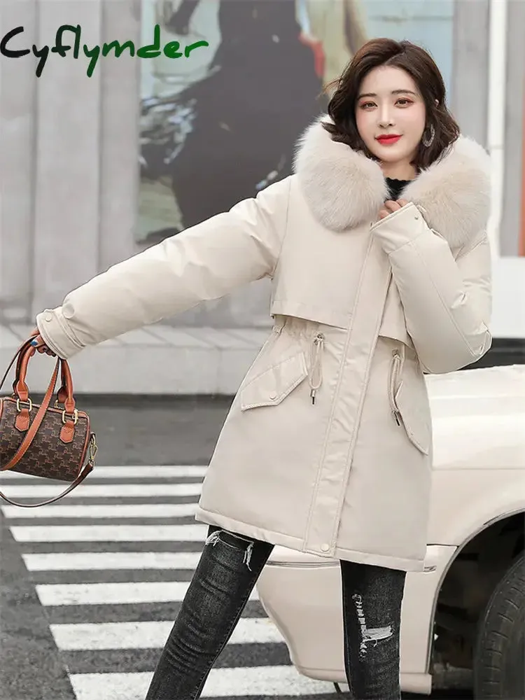 Cyflymder Winter Coat Low Price On Sale Women Beige Add Wool Thick Warmth Fur Hooded Parkas Jacket New Fashion Belt Slim Cotton Coat