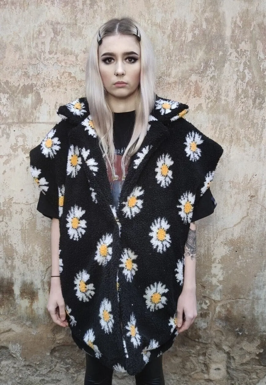 Floral fleece jacket handmade daisy trench coat in black