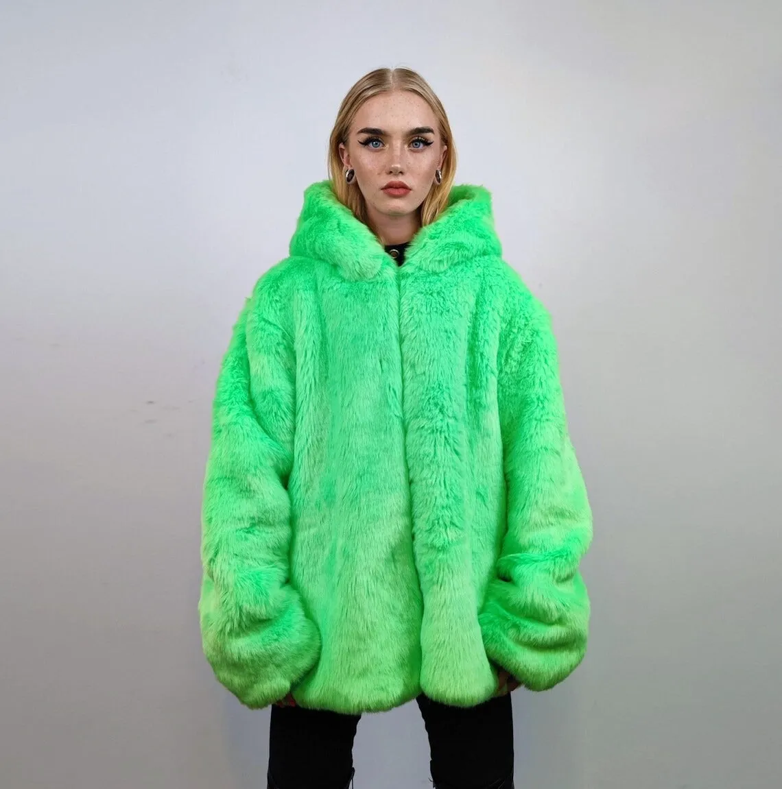 Hooded neon faux fur jacket shaggy coat bright raver bomber fluffy trench winter fleece festival jacket burning man overcoat in green