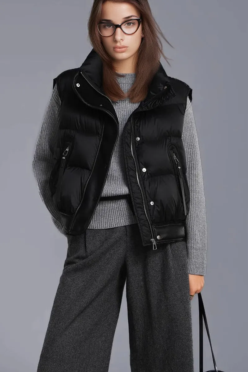 Lightweight Puffer Bomber Down Vest with Leather Trim