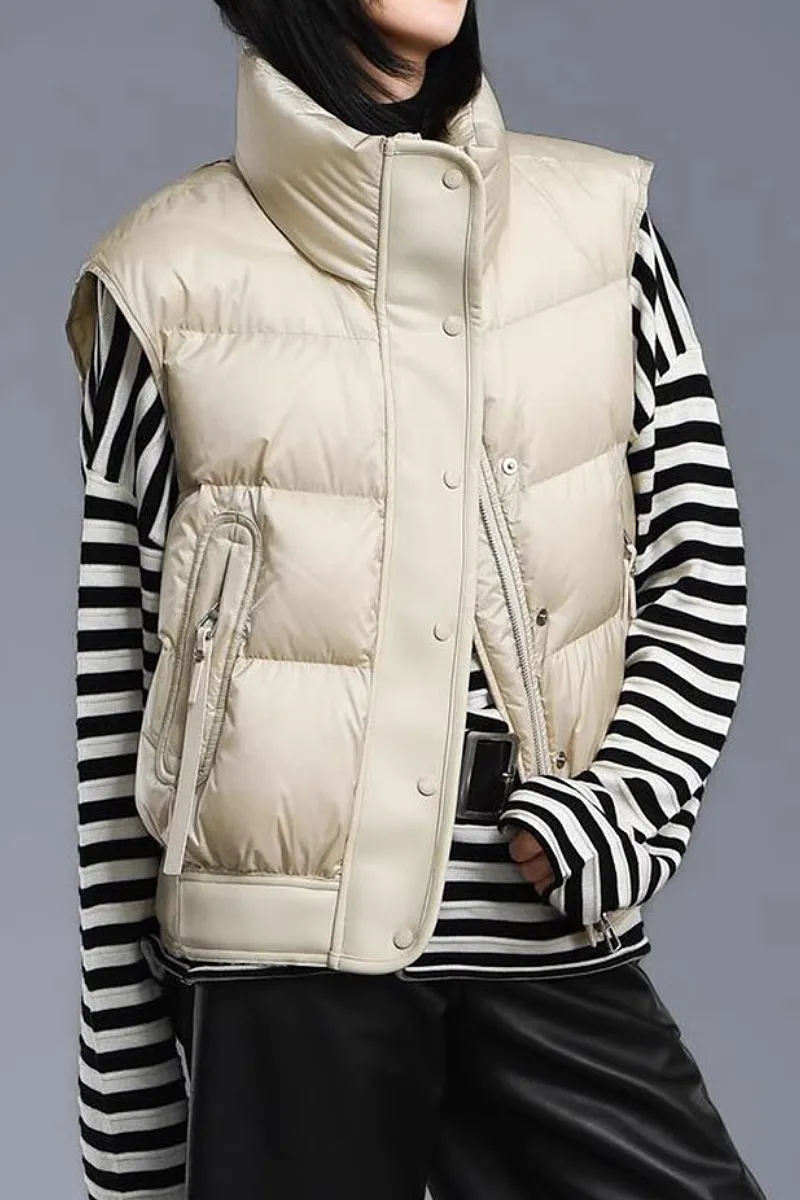 Lightweight Puffer Bomber Down Vest with Leather Trim
