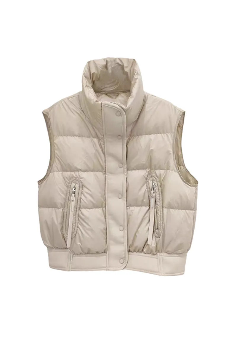 Lightweight Puffer Bomber Down Vest with Leather Trim