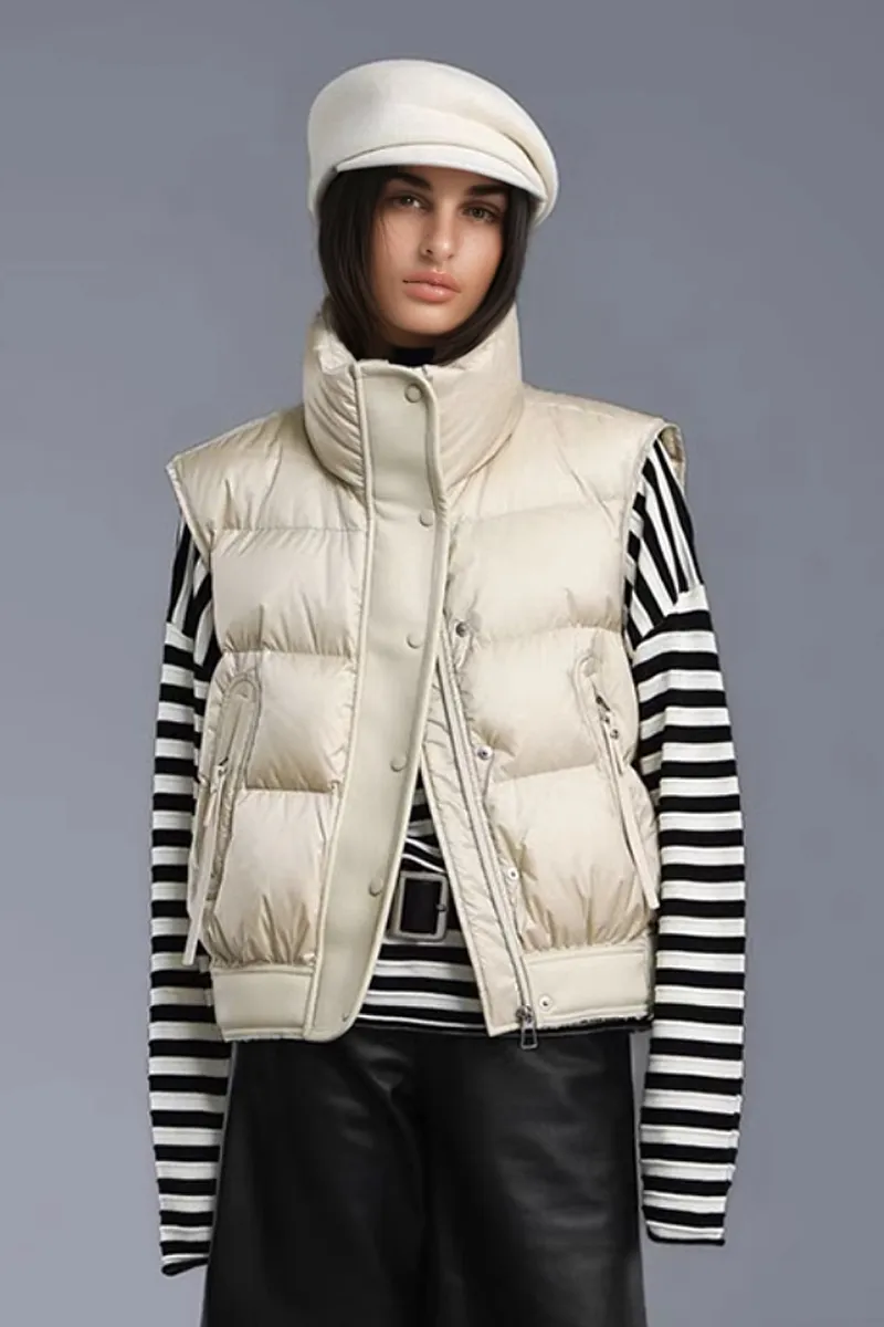 Lightweight Puffer Bomber Down Vest with Leather Trim