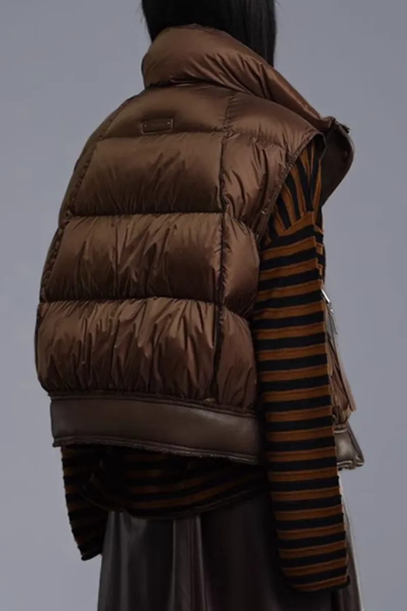 Lightweight Puffer Bomber Down Vest with Leather Trim
