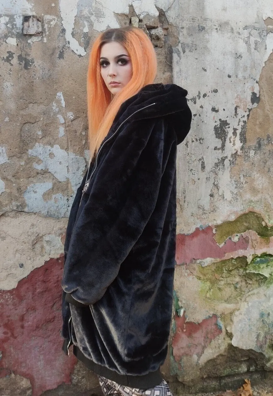 Long fleece coat faux fur hooded bomber long trench in black