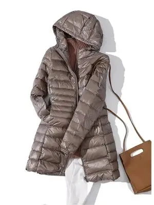 LVSANW 0-10℃ Winter Jackets Women White Duck Down Long Coat Female Hooded Quilted Parkas Ultra Light Portable Down Coats for Women