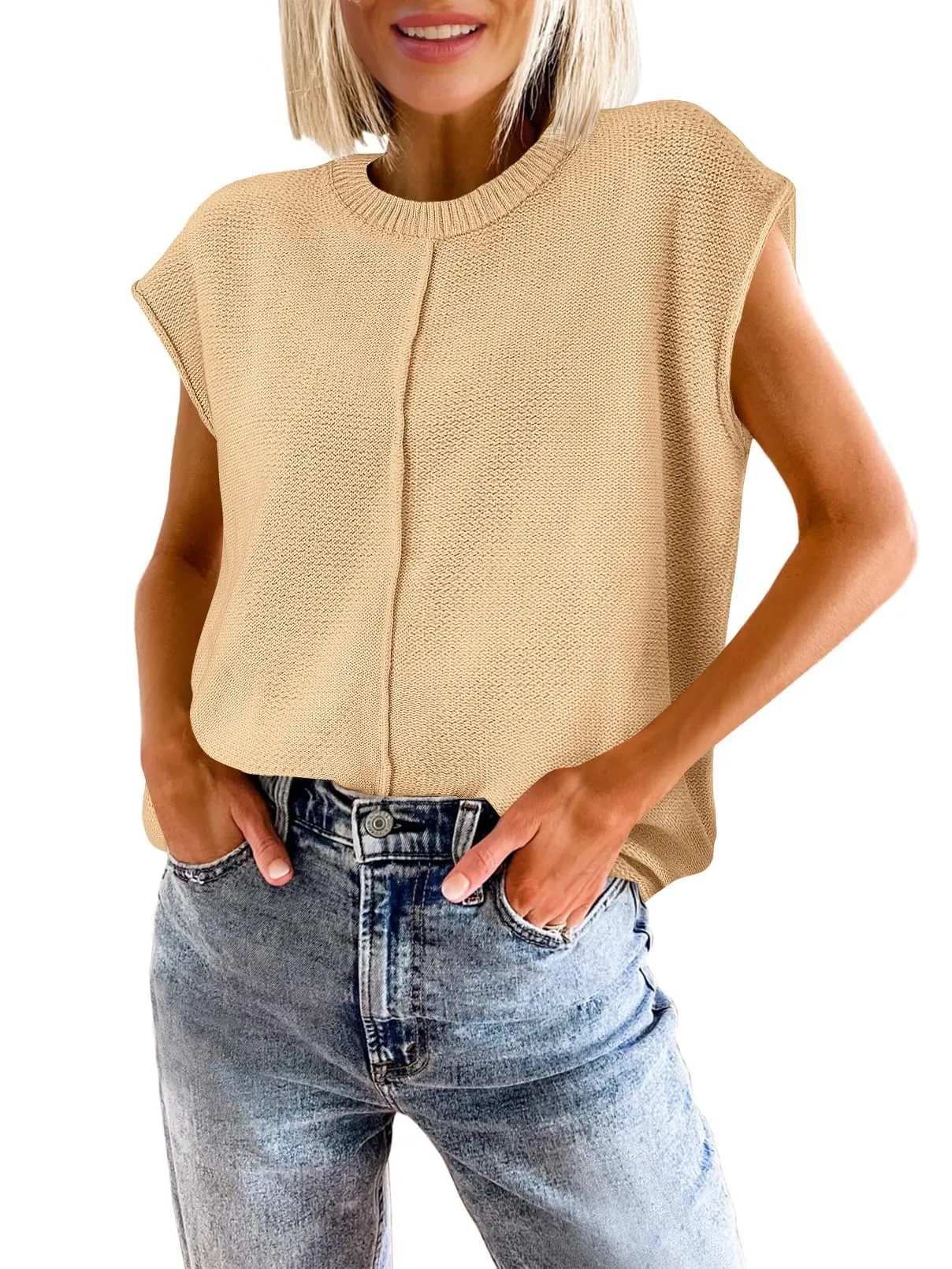 MEROKEETY Crewneck Cap Sleeve Lightweight Knit Sweater Vest