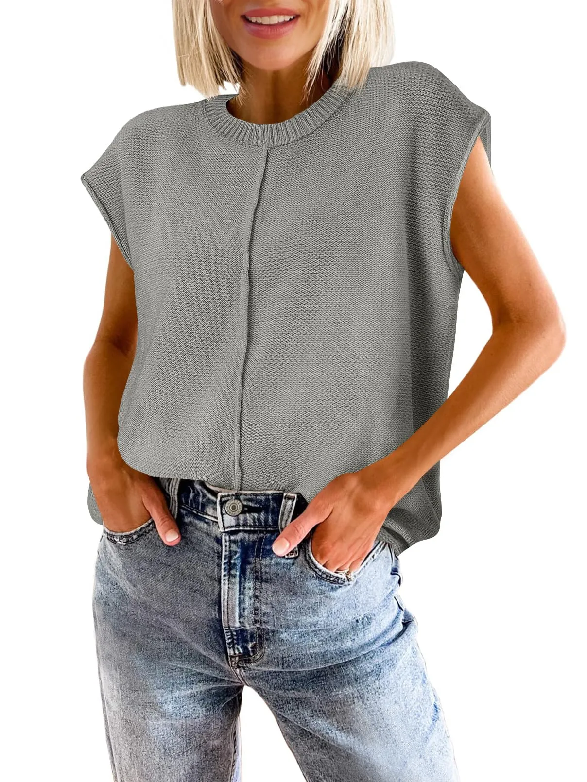 MEROKEETY Crewneck Cap Sleeve Lightweight Knit Sweater Vest