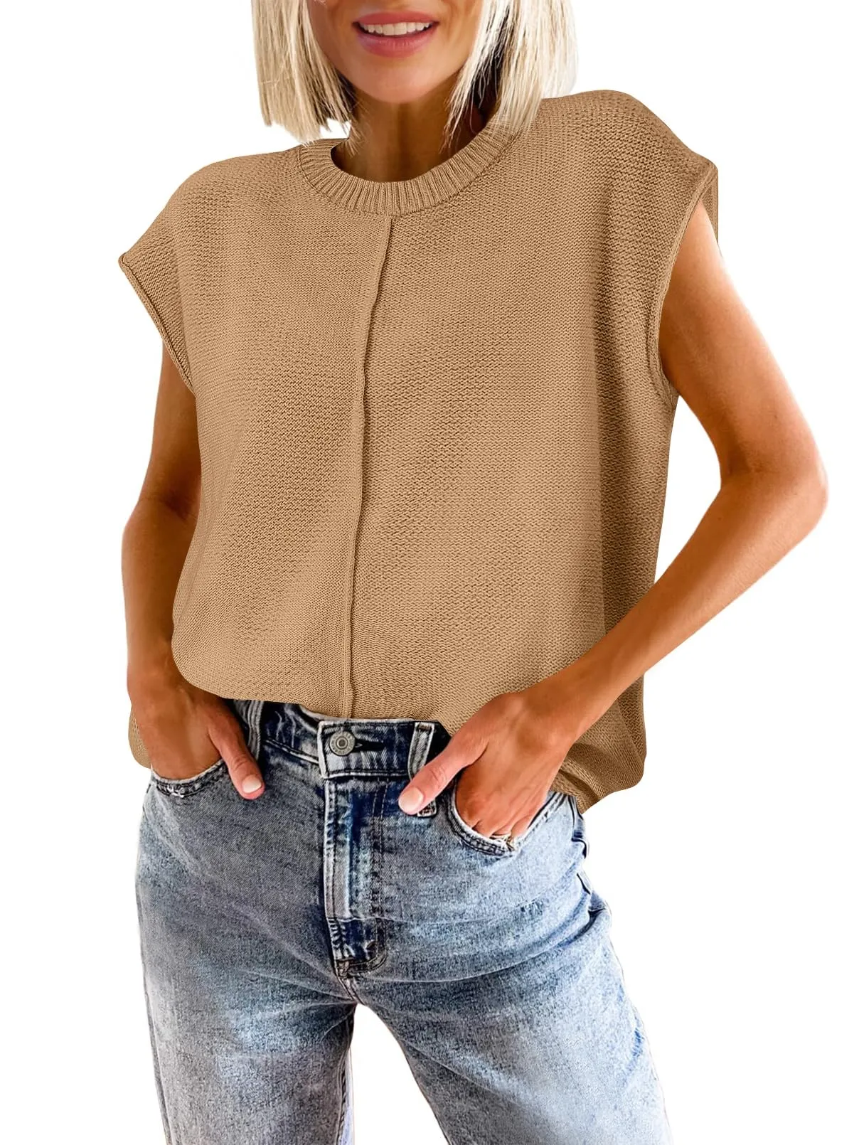 MEROKEETY Crewneck Cap Sleeve Lightweight Knit Sweater Vest
