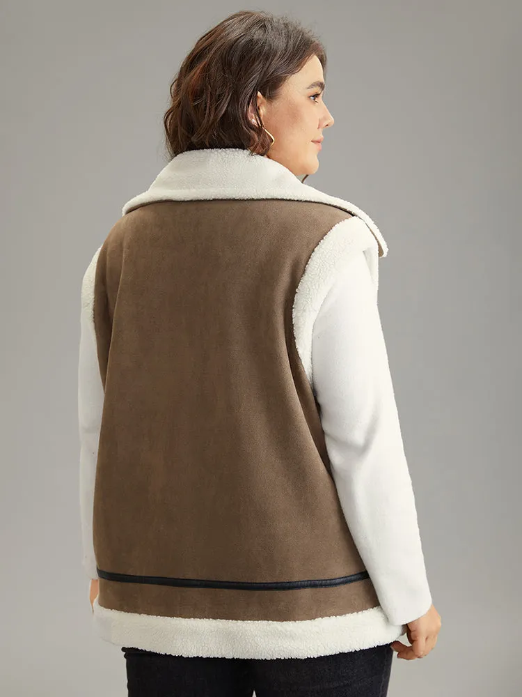 Patchwork Fuzzy Zipper Pocket Contrast Vest