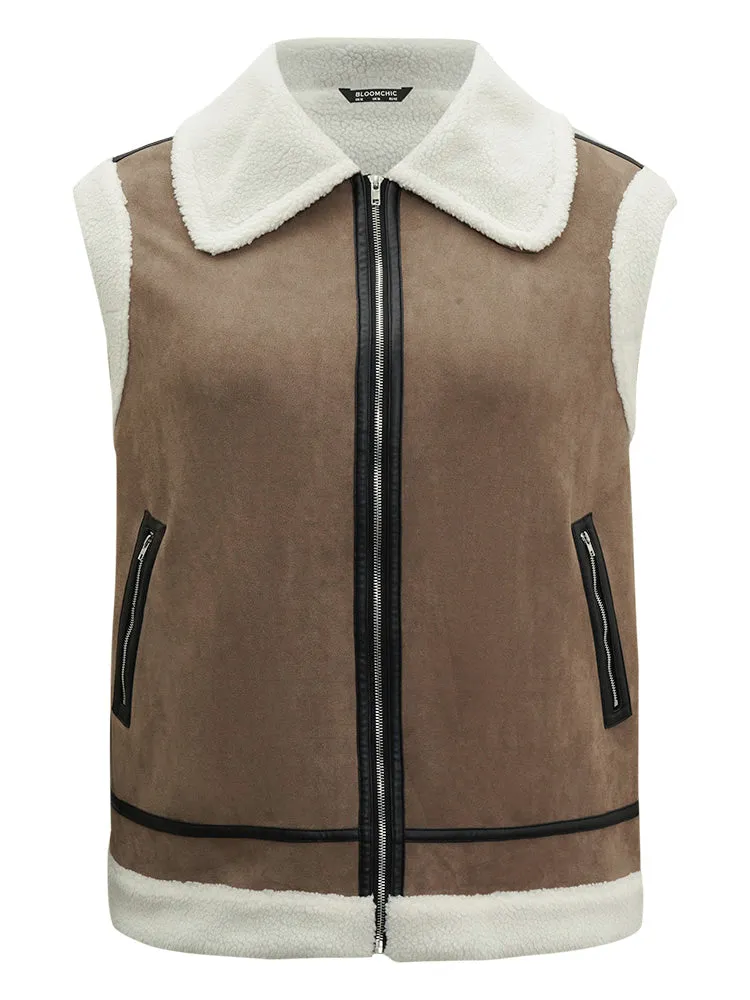Patchwork Fuzzy Zipper Pocket Contrast Vest