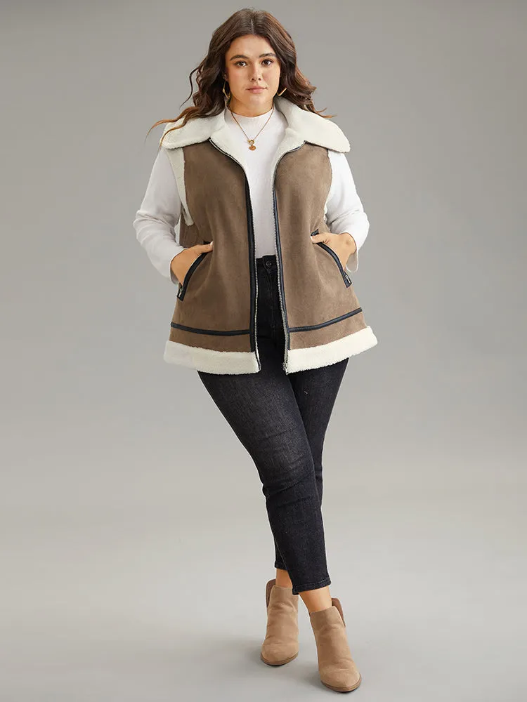 Patchwork Fuzzy Zipper Pocket Contrast Vest