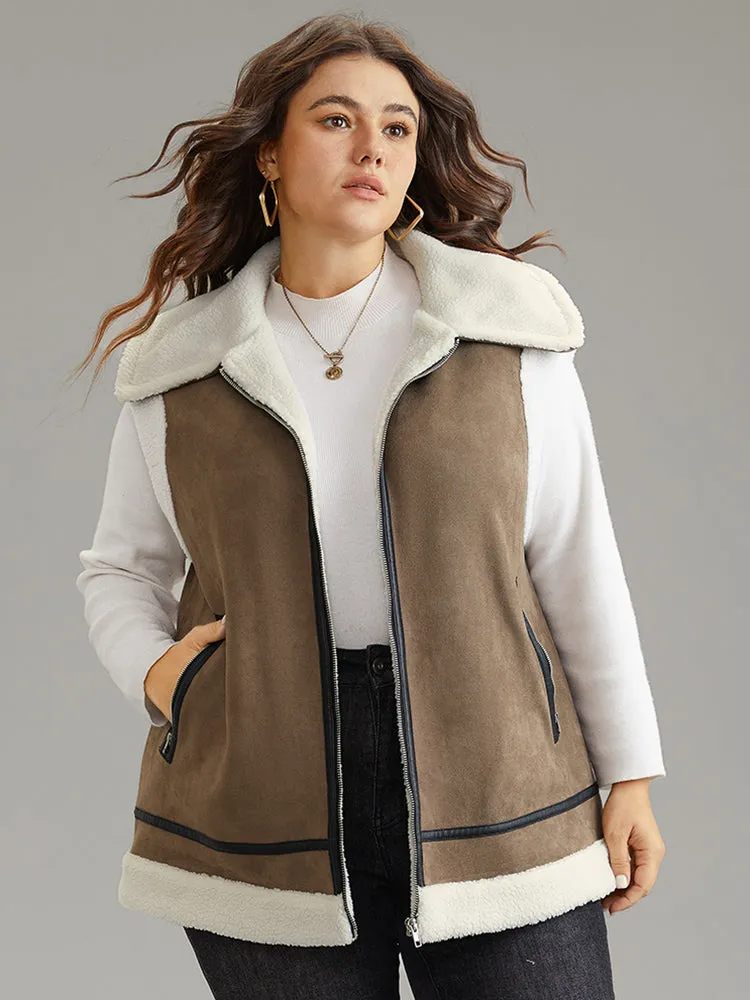 Patchwork Fuzzy Zipper Pocket Contrast Vest