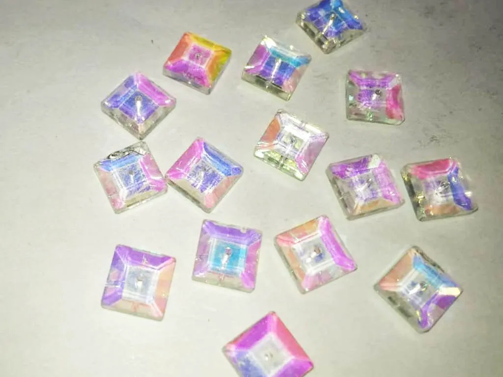 Rainbow Transparent Square 1 Hole Glass Stones