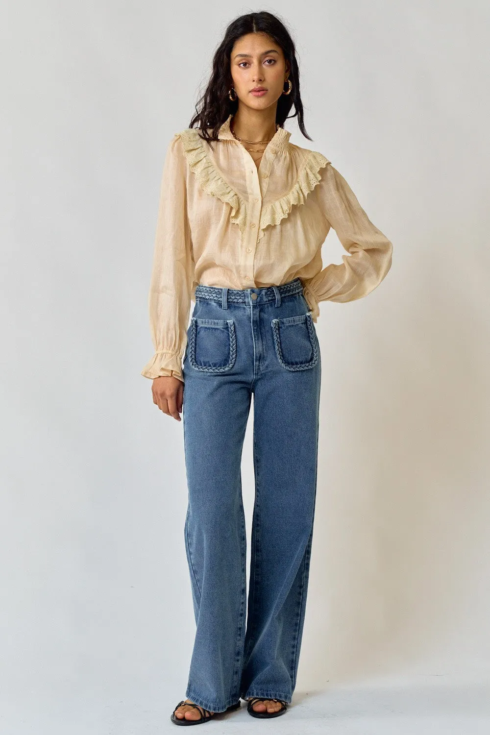 Straight Leg Denim Pants with Braided Detail