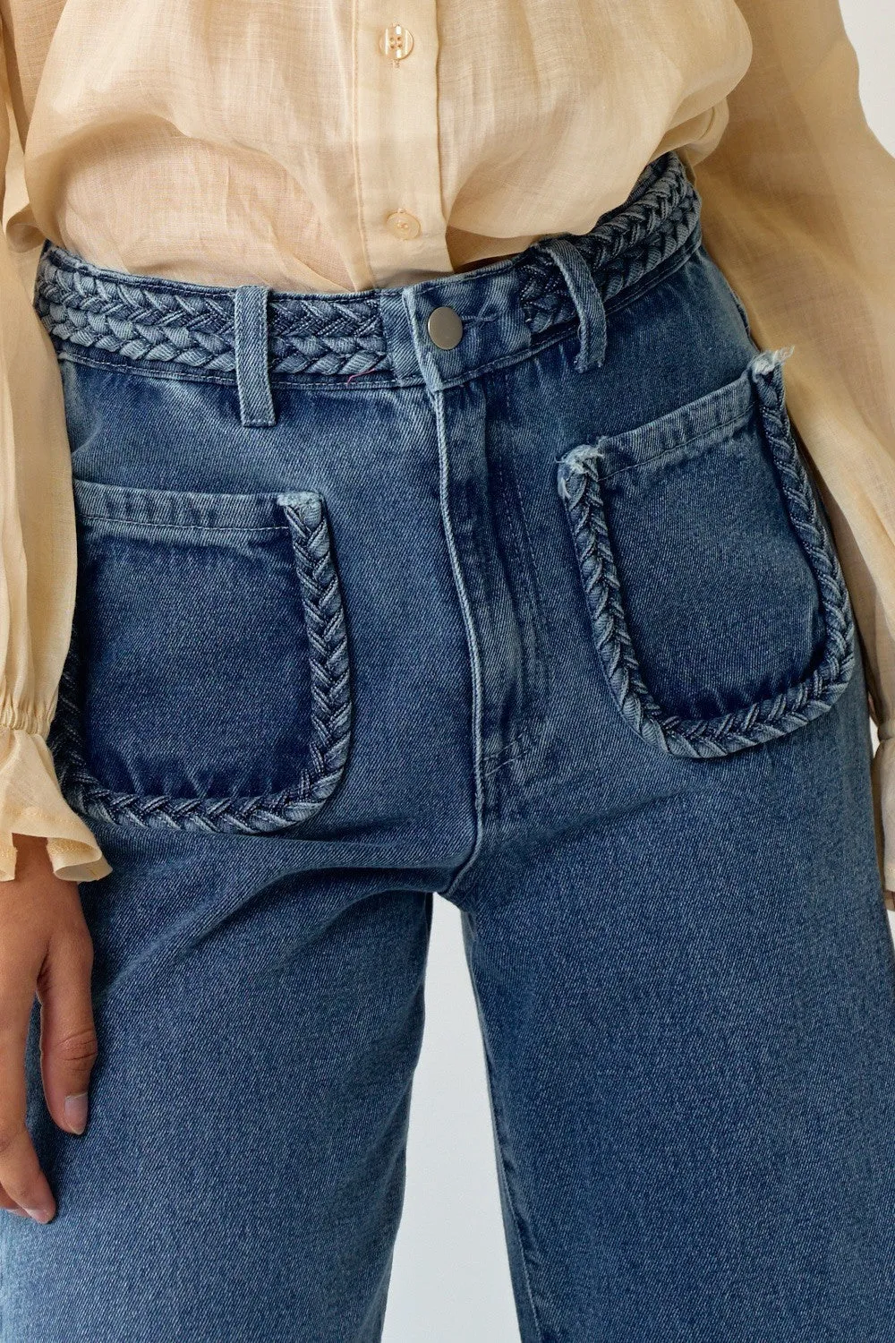 Straight Leg Denim Pants with Braided Detail