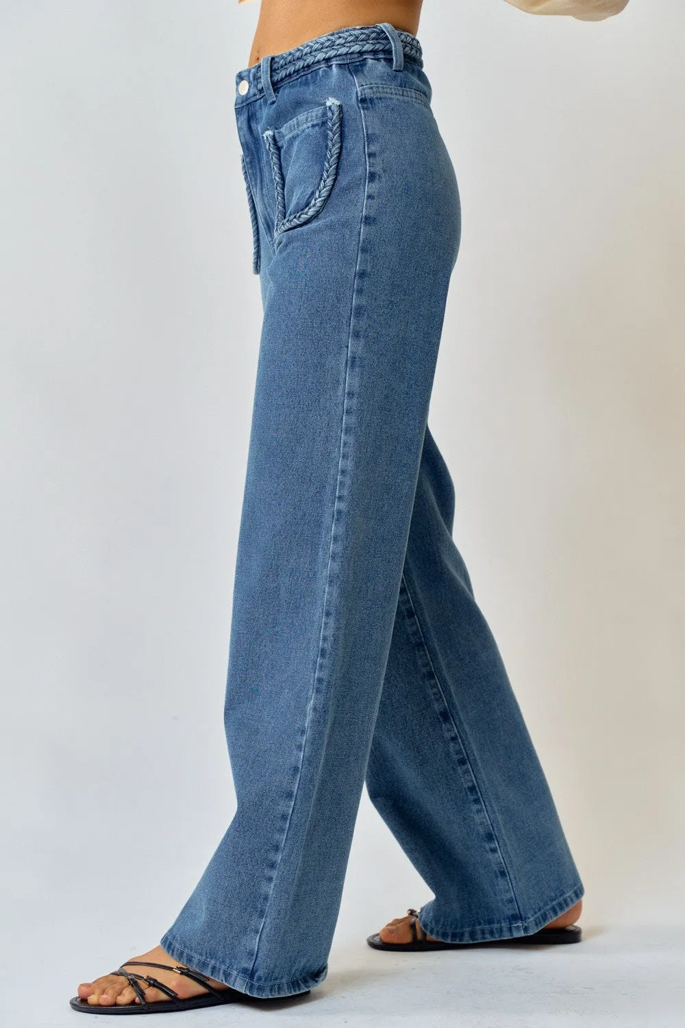Straight Leg Denim Pants with Braided Detail