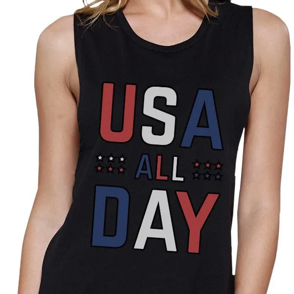 USA All Day Womens Black Sleeveless Muscle Tee Unique Workout Tanks
