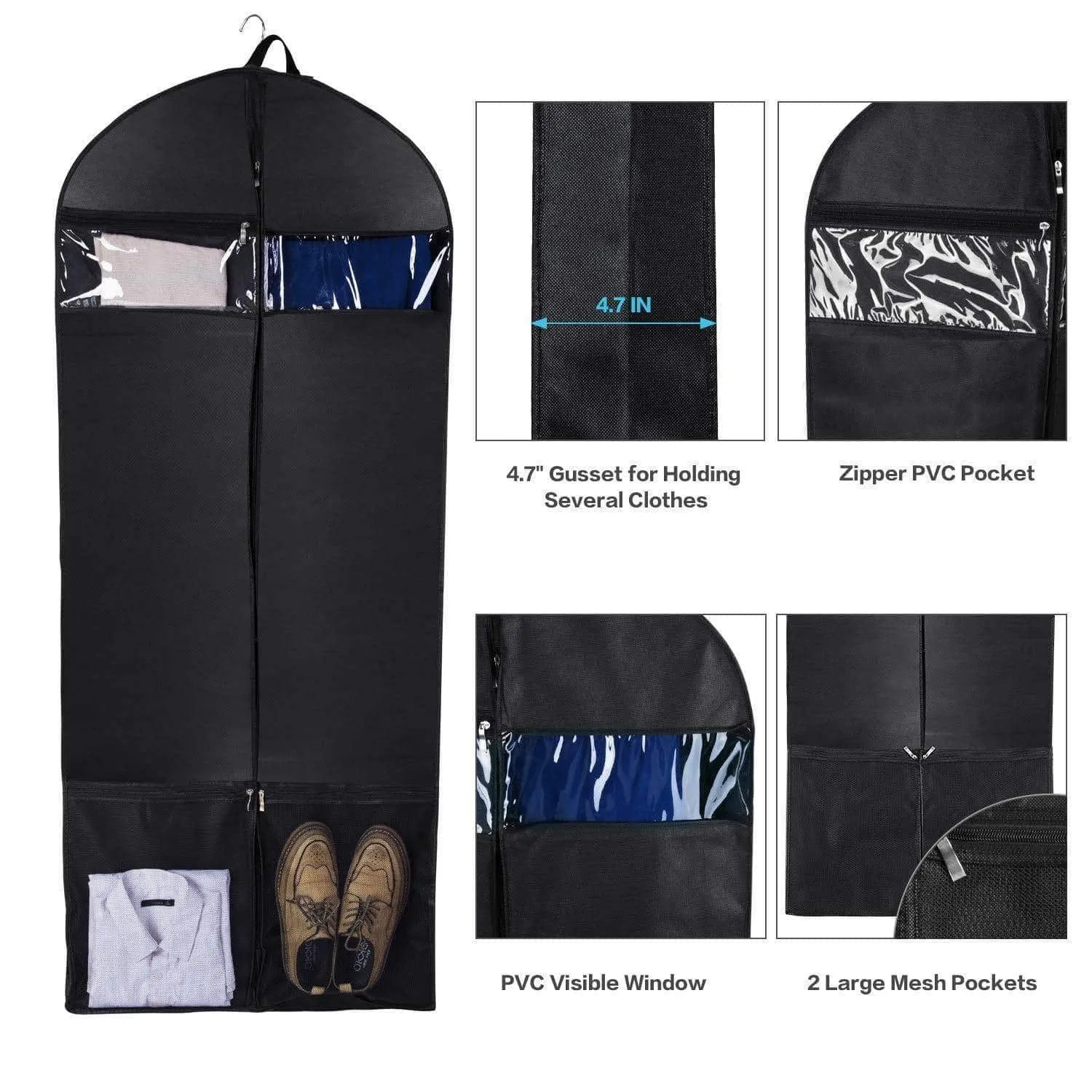Wanapure 60"/54"/43" Garment Bags, 3 in 1 Suit Bag with 2 Large Mesh Shoe Pockets and Accessories Pocket, Trifold Suit Cover for Dress, Coat, Jacket, Closet Storage or Travel, Set of 2, Black