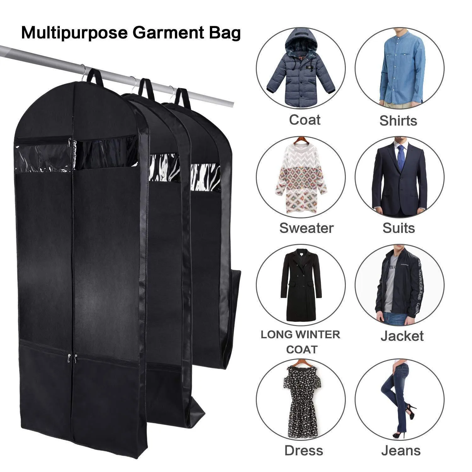 Wanapure 60"/54"/43" Garment Bags, 3 in 1 Suit Bag with 2 Large Mesh Shoe Pockets and Accessories Pocket, Trifold Suit Cover for Dress, Coat, Jacket, Closet Storage or Travel, Set of 2, Black