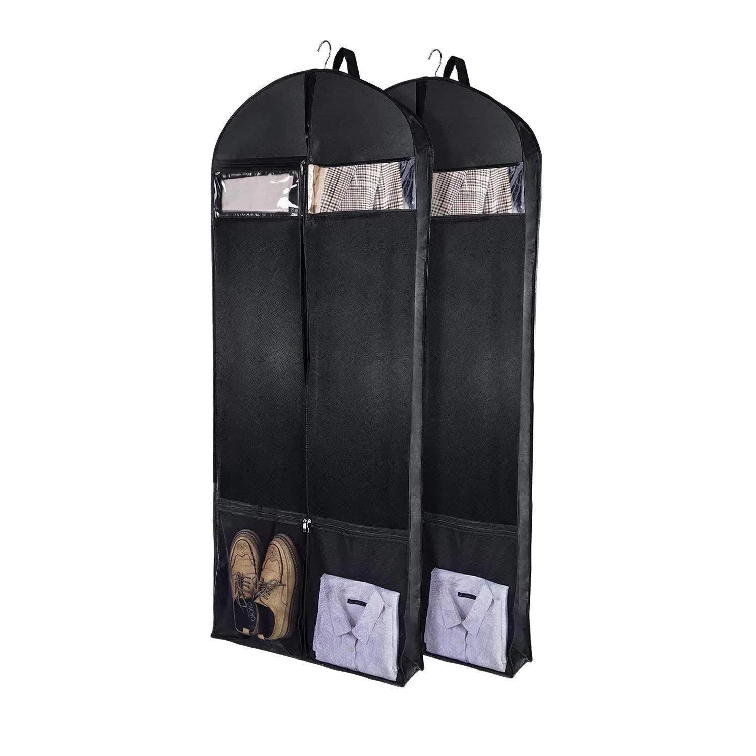 Wanapure 60"/54"/43" Garment Bags, 3 in 1 Suit Bag with 2 Large Mesh Shoe Pockets and Accessories Pocket, Trifold Suit Cover for Dress, Coat, Jacket, Closet Storage or Travel, Set of 2, Black