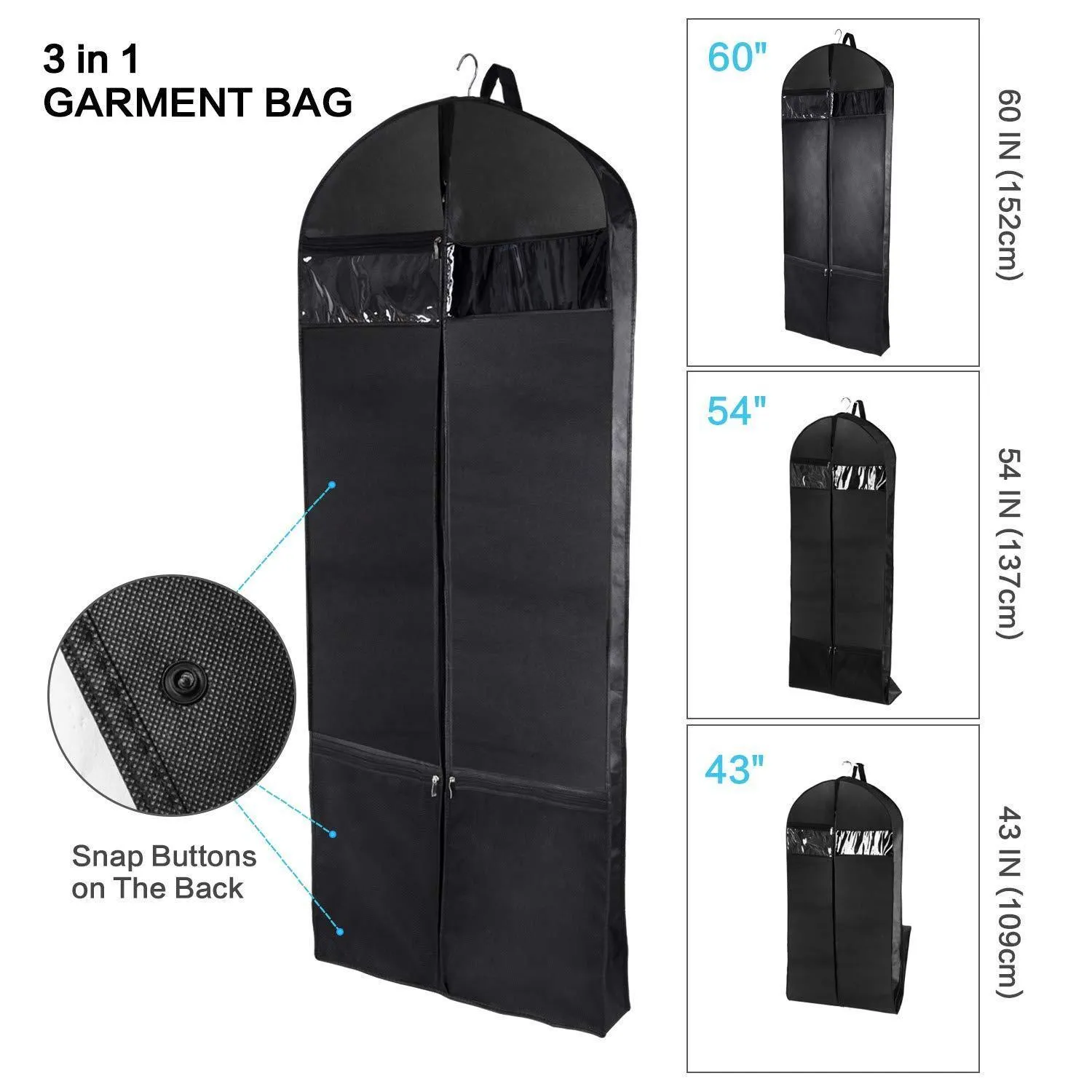 Wanapure 60"/54"/43" Garment Bags, 3 in 1 Suit Bag with 2 Large Mesh Shoe Pockets and Accessories Pocket, Trifold Suit Cover for Dress, Coat, Jacket, Closet Storage or Travel, Set of 2, Black