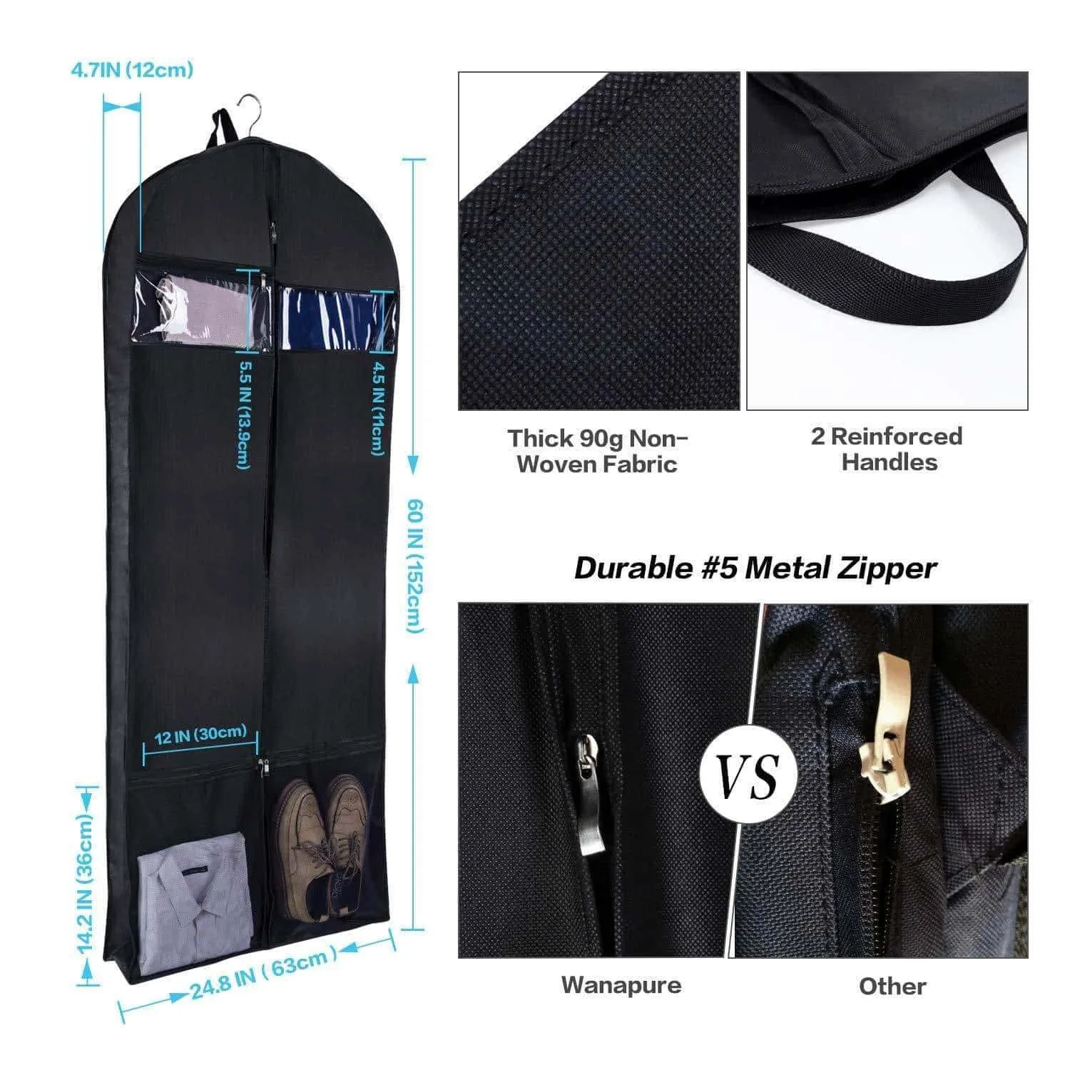 Wanapure 60"/54"/43" Garment Bags, 3 in 1 Suit Bag with 2 Large Mesh Shoe Pockets and Accessories Pocket, Trifold Suit Cover for Dress, Coat, Jacket, Closet Storage or Travel, Set of 2, Black