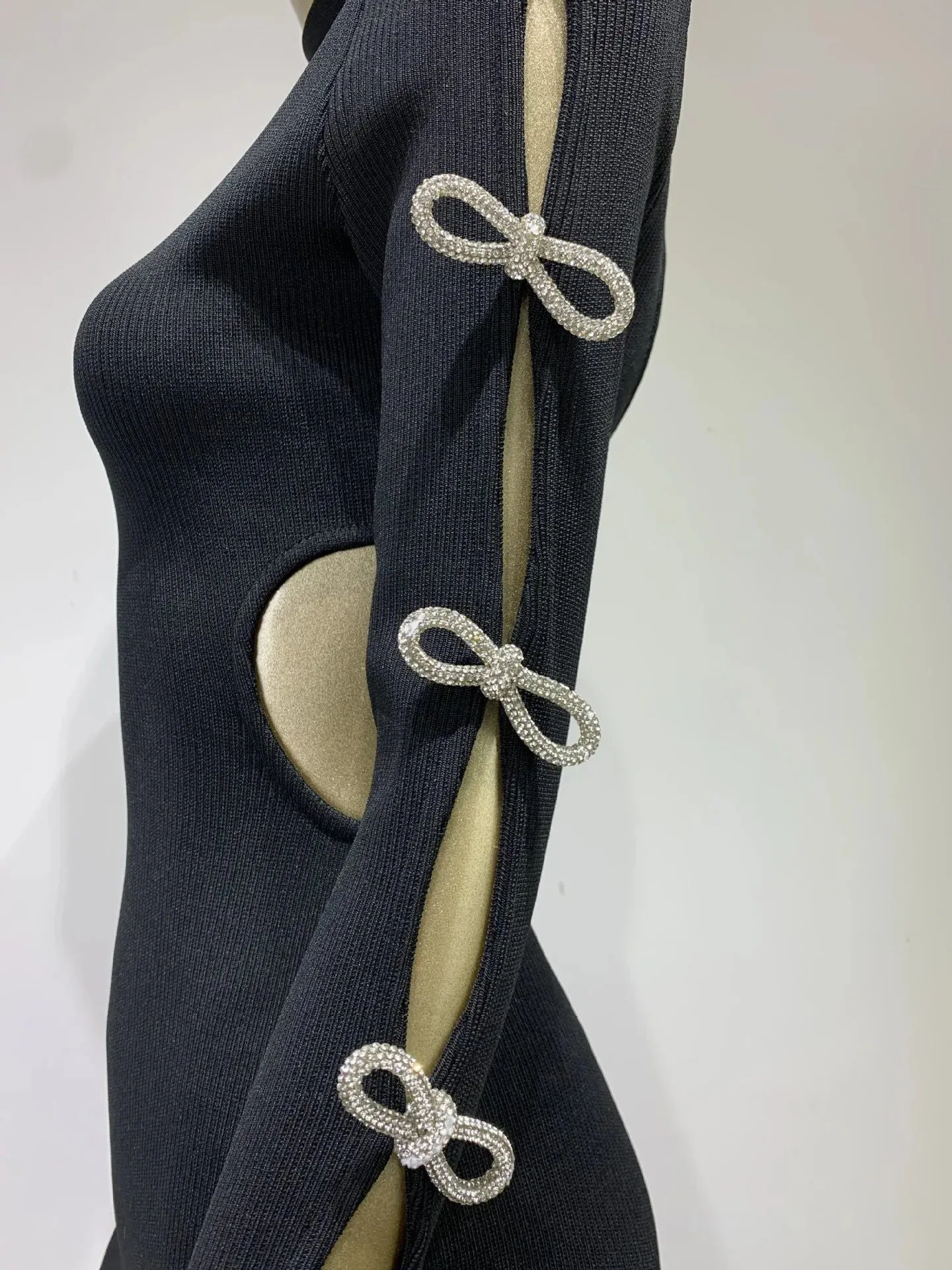 Whyatt Long Sleeve Cut Out Rhinestone Bows Bandage Dress