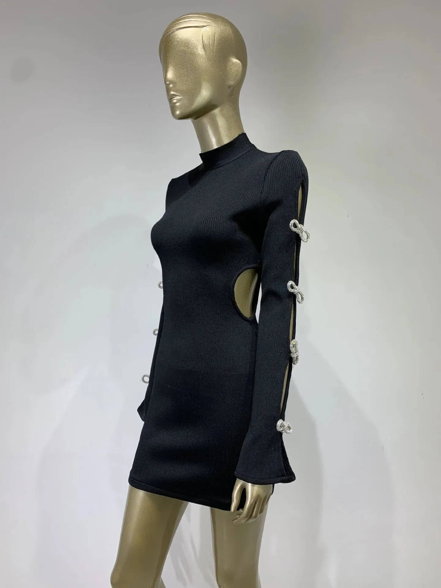 Whyatt Long Sleeve Cut Out Rhinestone Bows Bandage Dress