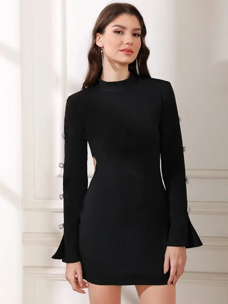 Whyatt Long Sleeve Cut Out Rhinestone Bows Bandage Dress