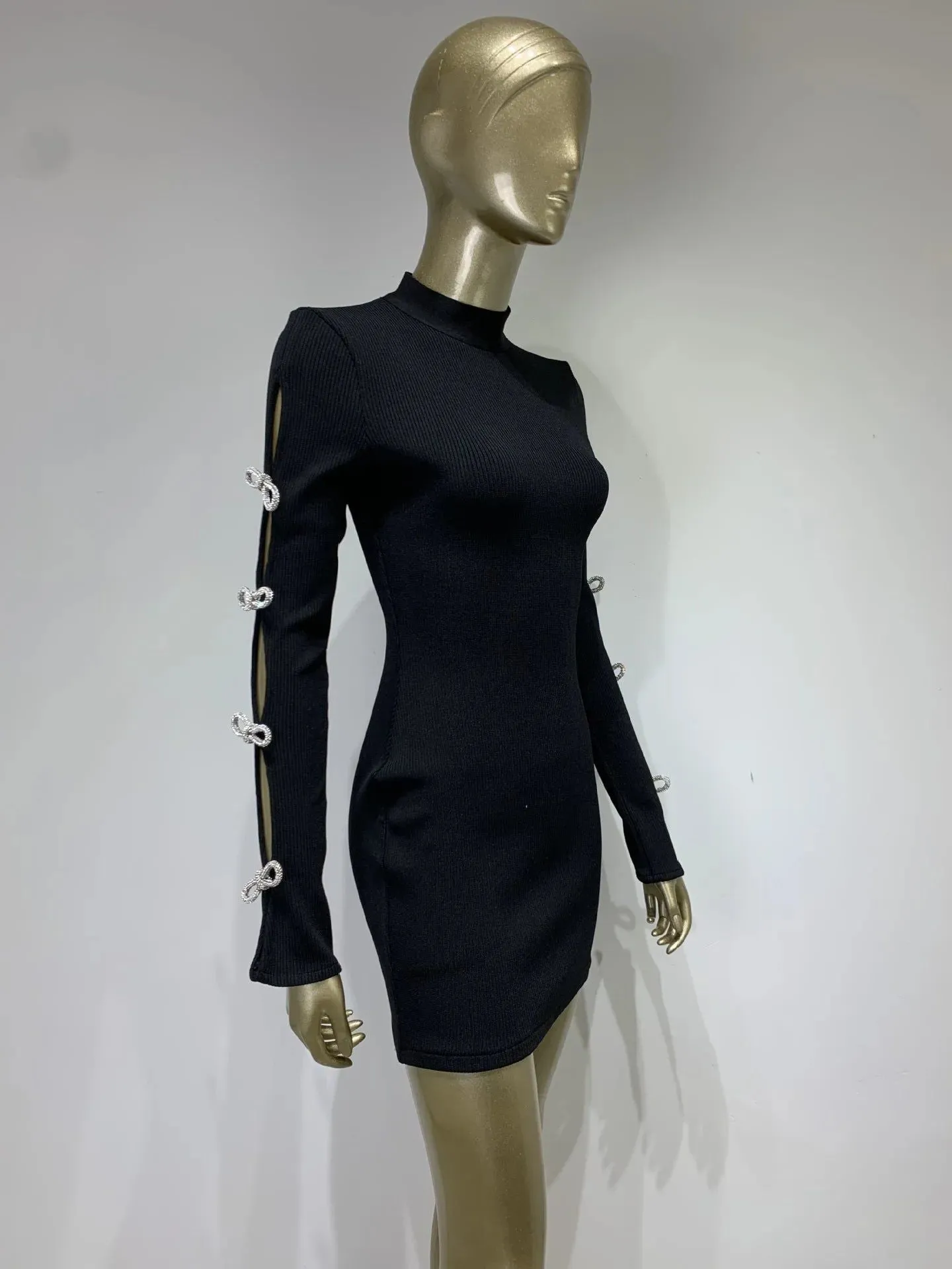 Whyatt Long Sleeve Cut Out Rhinestone Bows Bandage Dress