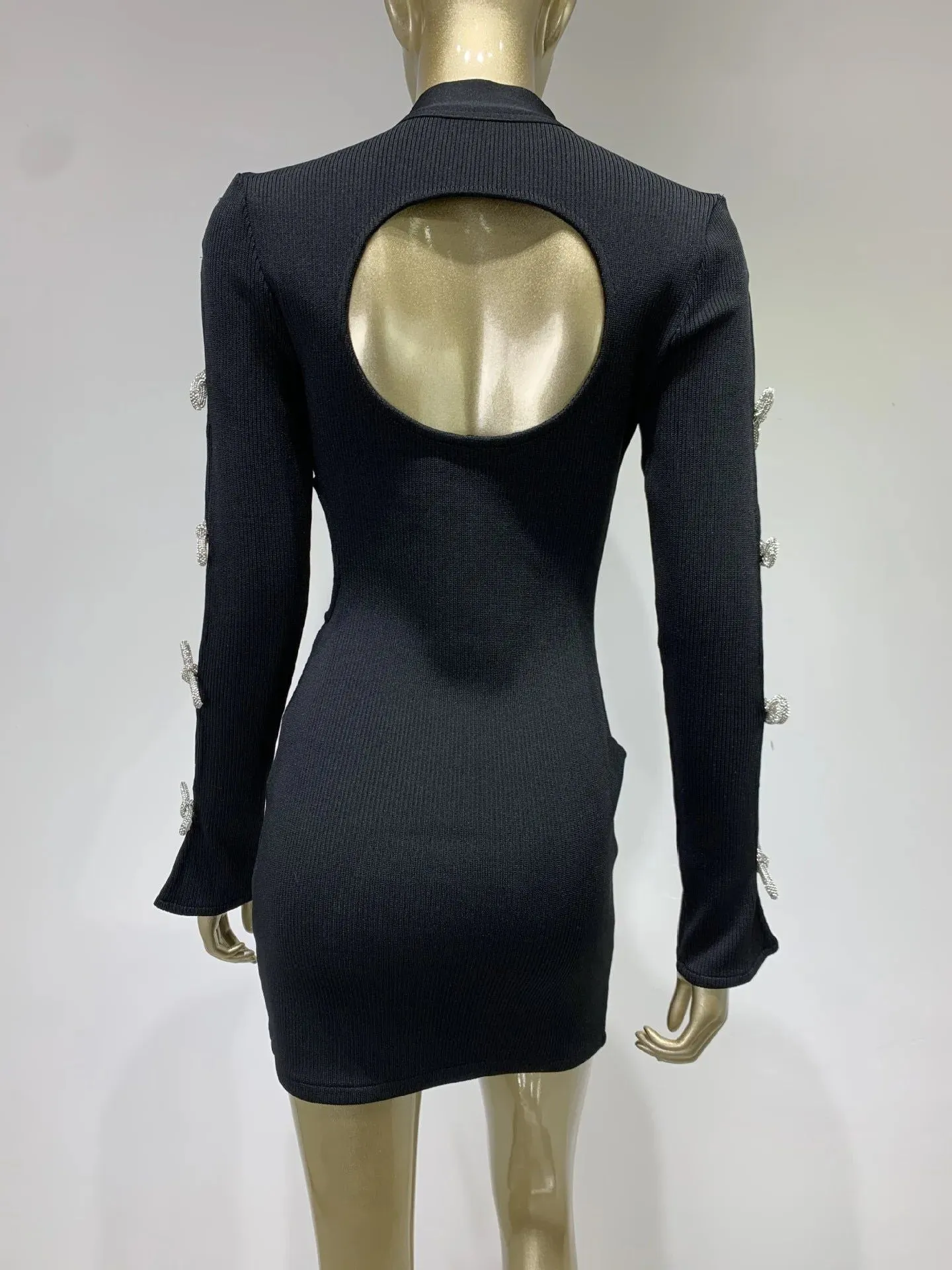 Whyatt Long Sleeve Cut Out Rhinestone Bows Bandage Dress