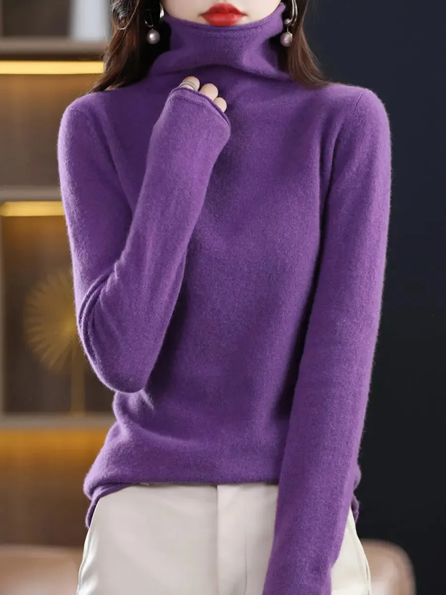 Women Wool Solid Turtleneck Baseshirt