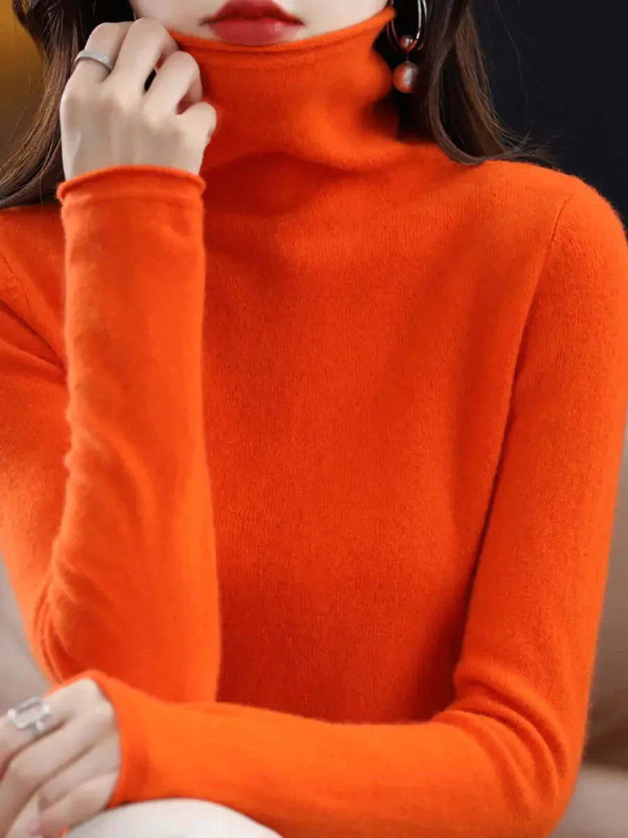 Women Wool Solid Turtleneck Baseshirt